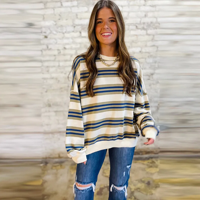 Women's Round Neck Long Sleeve Hoodie Casual Loose Fit Striped Print Sweatshirt Early Autumn New Style Comfortable Polyester