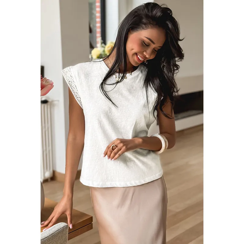 Loose Short Sleeve T-Shirt Women Summer 2025 New Style Lace Trim Sleeve Crew Neck Cotton Polyester Casual Round Neck Top