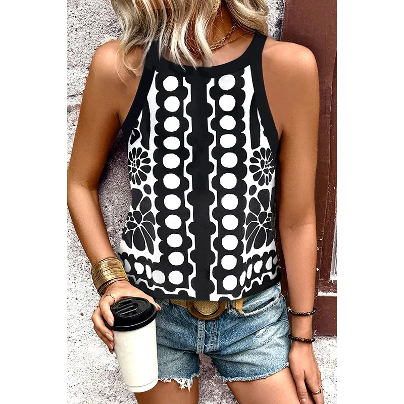 Retro Color Block Round Neck Knitted Vest Women's Loose Summer New Style Sleeveless Top Casual New Style Printed Polyester