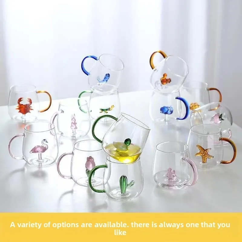 High Borosilicate Glass Three-Dimensional Cartoon Animal Glass, Color Handle Cup Home Gifts Simple Juice Cup