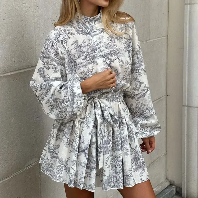 Spring Independent Station New  Women's Clothing Elegant Elegant Fashion Long Sleeve Lace-up National Style Printing Dress