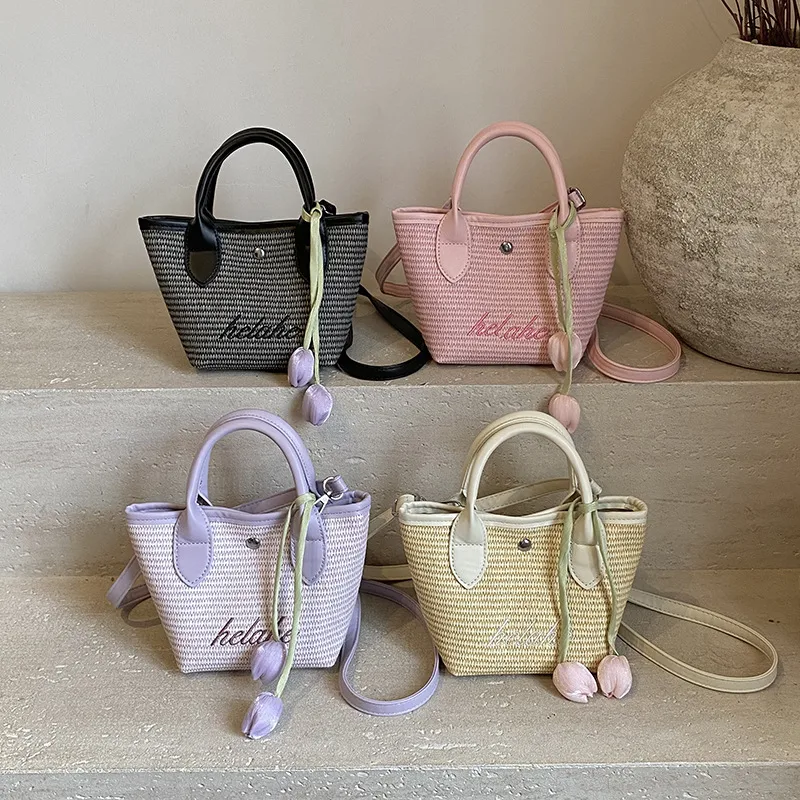 New  Summer Pu Zipper Straw Shoulder Bag Good Quality With Silk Scarf Summer Essential Bag