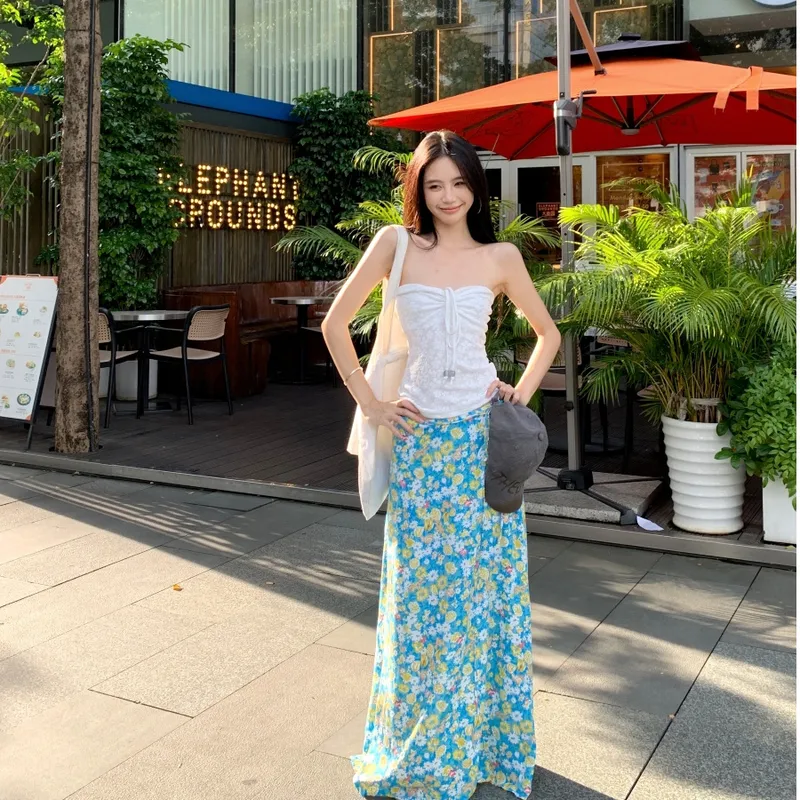 Seaside Holiday Suit French Style Drawstring Tube Top Women's Summer Blue Floral Skirt Two-piece Set
