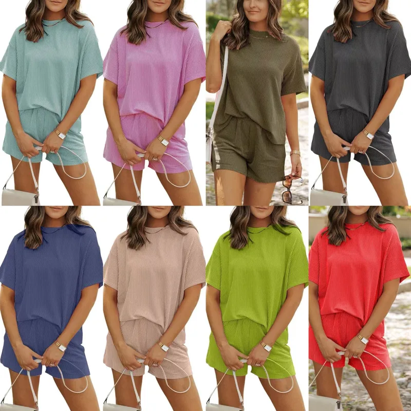 Independent Station Explosive  Europe And The United States Summer Leisure Fashion Striped New Round Neck Women's Suit