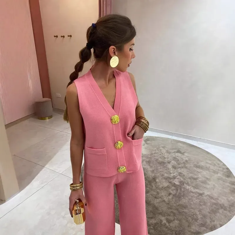 -style Suit Gold Button V-neck Knitted Vest Casual Loose Trousers Knitted Two-piece Suit