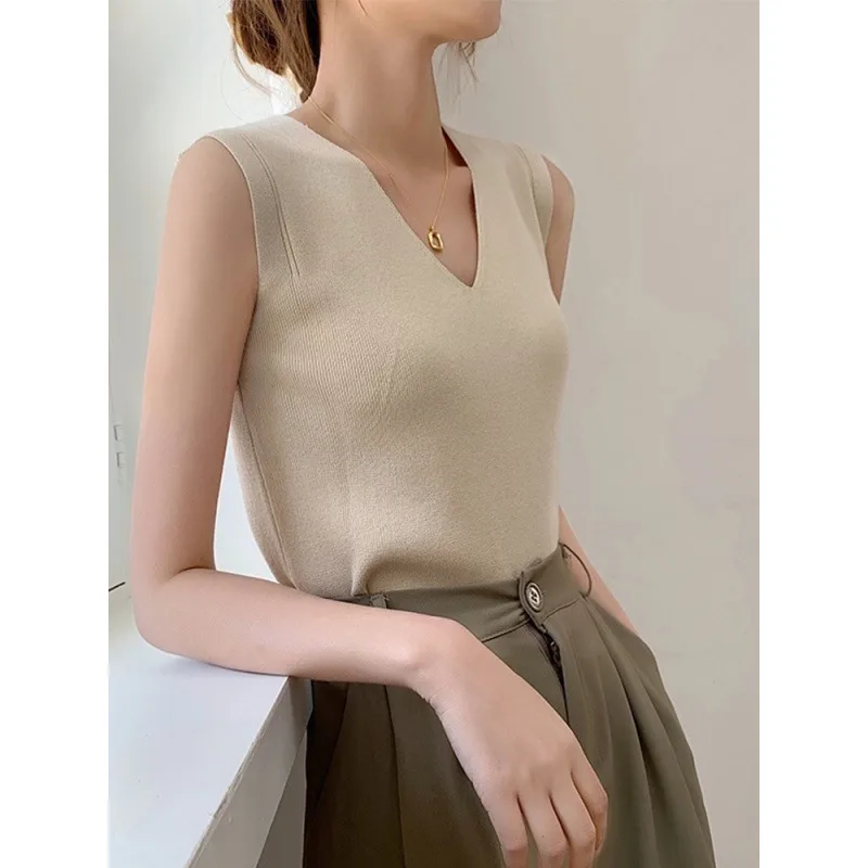 Camisole Women's Spring And Autumn Knitwear V-Neck Sleeveless Suit With Base Shirt Fashionable Stylish Ice Silk Top