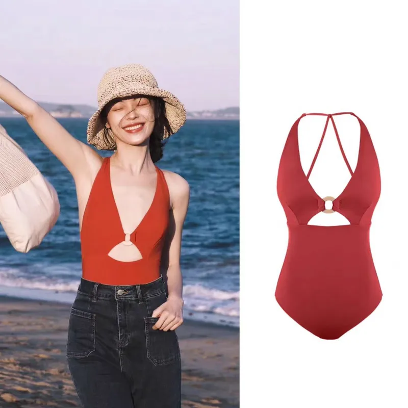 Hong Kong-style Swimsuit Women's Vintage Slim-fit Sexy Backless Neck Belly-covering Slim Sling  Ins Swimsuit
