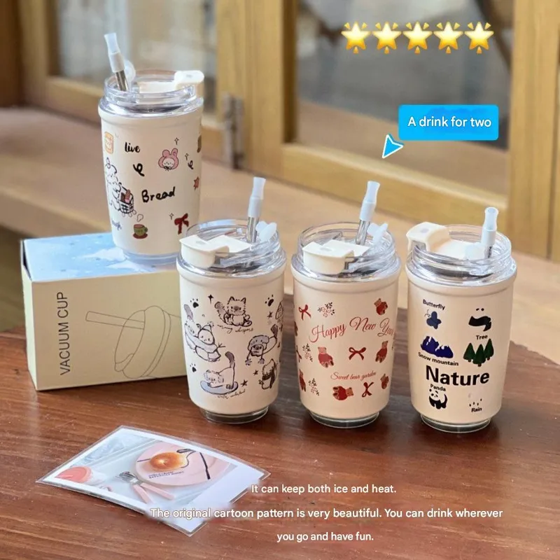 Cute Hand-painted Winter Cat Stainless Steel Thermos Cute Cartoon High Color Value Straw Straw Water Cup