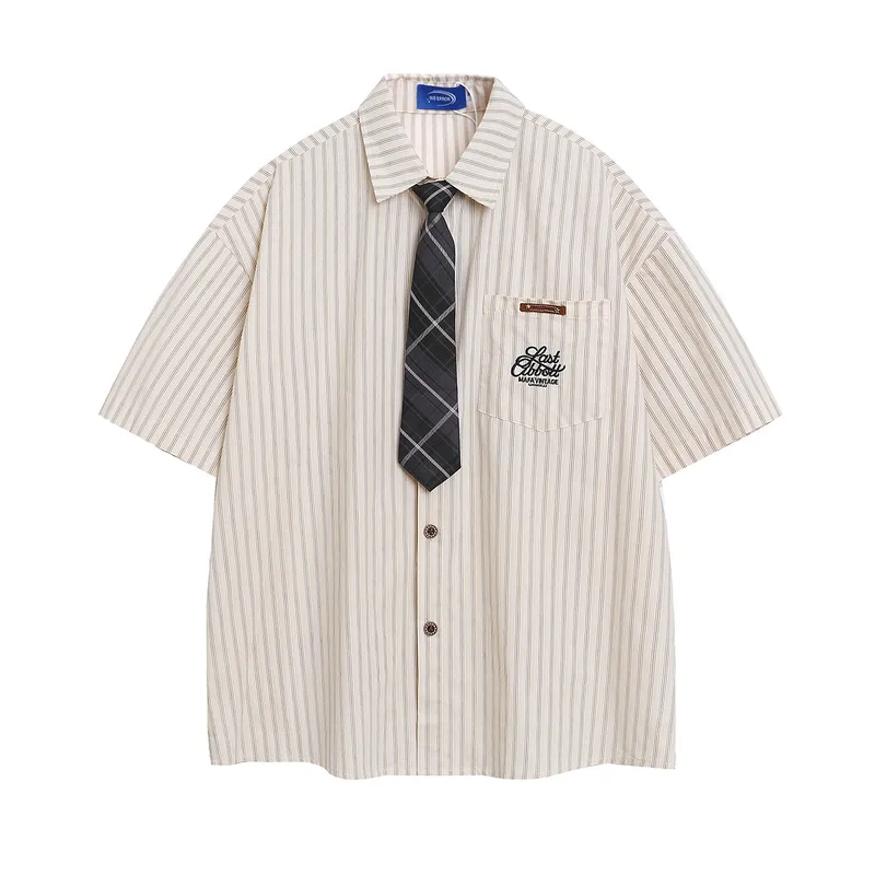 Jiayiku Men's  New American Retro Campus Fashion Couple Striped Tie Shirt Short Sleeve For Men And Women