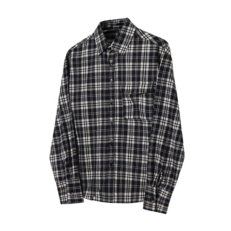 Jiayi Library Men's  Spring American Retro Cleanfit Patchwork Plaid Shirt Black And White Plaid Shirt Simple