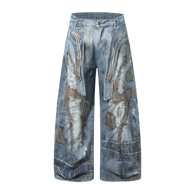 Jiayi Library Men's  New American High Street RO Style Heavy Washing Shaped Scimitar Jeans Wide Leg Pants