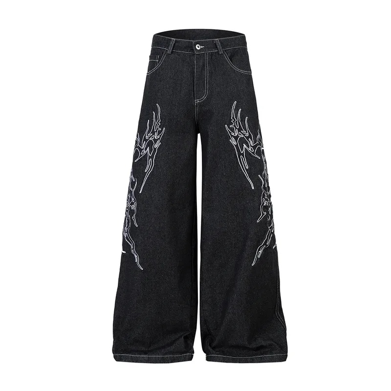 Jiayiku Men's  New Jeans American High Street RO Style Advanced Embroidered Jeans Wide Leg Pants