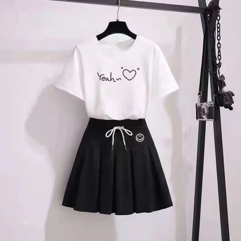 New Summer Suit Skirt For Female Students New Style Fashionable Printed Shirt + Skirt Two-Piece Trendy Set