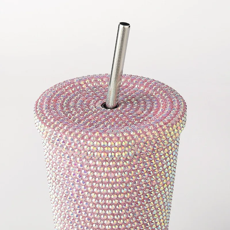 New Diamond-encrusted Insulated Water Cup Double-layer Diamond Tapered Straw Cup Beverage Cup Drinking Cup