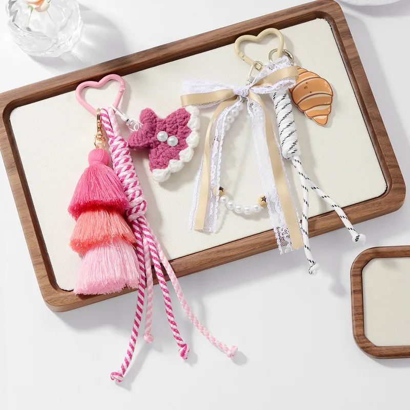 New Ins Exquisite Retro Sweet Tassel Crochet Small Skirt Acrylic Croissant Mirror DIY Keychain