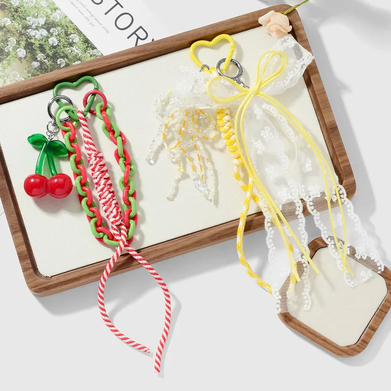 New Ins New Style Exquisite And Sweet Imitation Crystal Beaded Mesh Bow Acrylic Cherry DIY Keychain