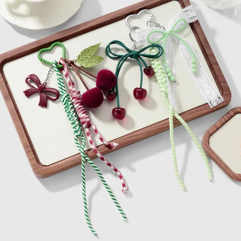 New Miu Style Fresh And Sweet High Color Value Beaded Bow Resin Fine Flash Suede Cherry DIY Keychain