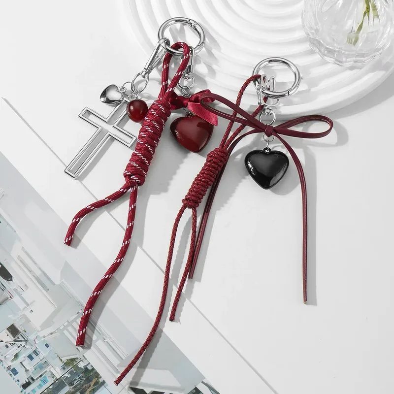 Explosions Y2K New Sweet Cool Exquisite Leather Bow Acrylic Love Cross DIY Keychain