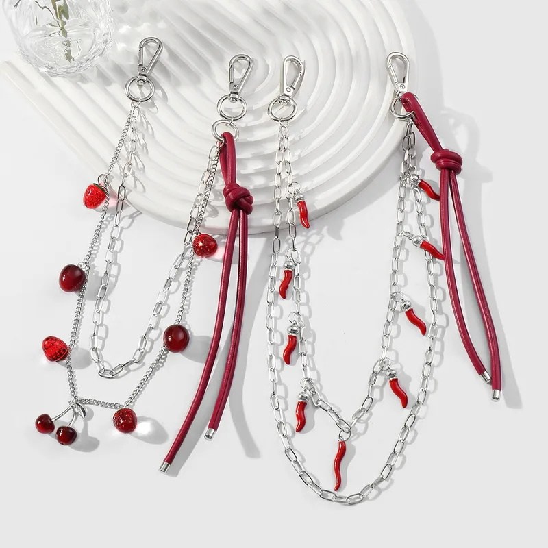 Explosions Y2K Sweet Cool Trend Silver Chain Red Simulation Pepper Cherry Strawberry Leather Pant Chain Pendant