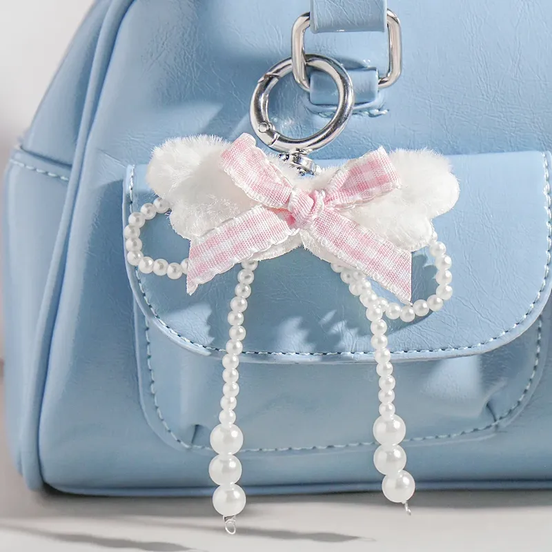 Explosions New Style Simple White Imitation Pearl Angel Wings Pink Fine Flash Bow Star Keychain
