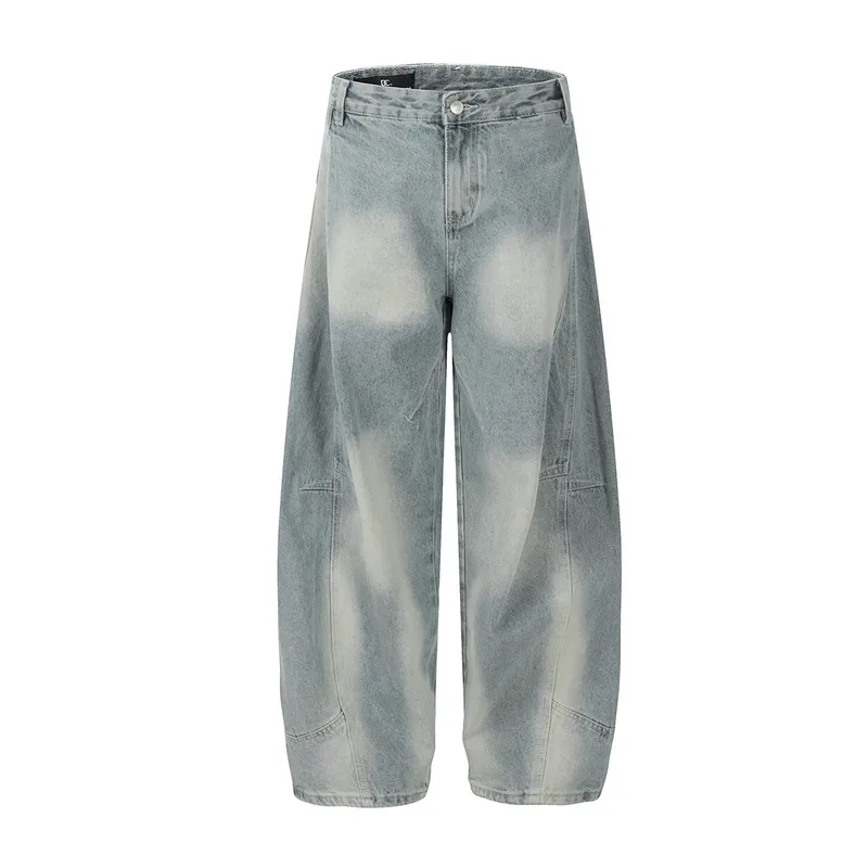 Jiayi Library Men's  New American High Street Curved Scimitar Washed Jeans Men's And Women's Vibe Wide Leg Pants