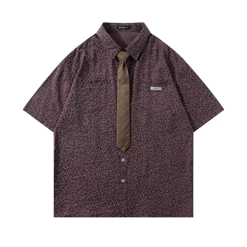 Jiayiku Men's  New American Style Campus Style Retro Fashion Brand Leopard Print Tie Shirt Short Sleeve For Men And Women