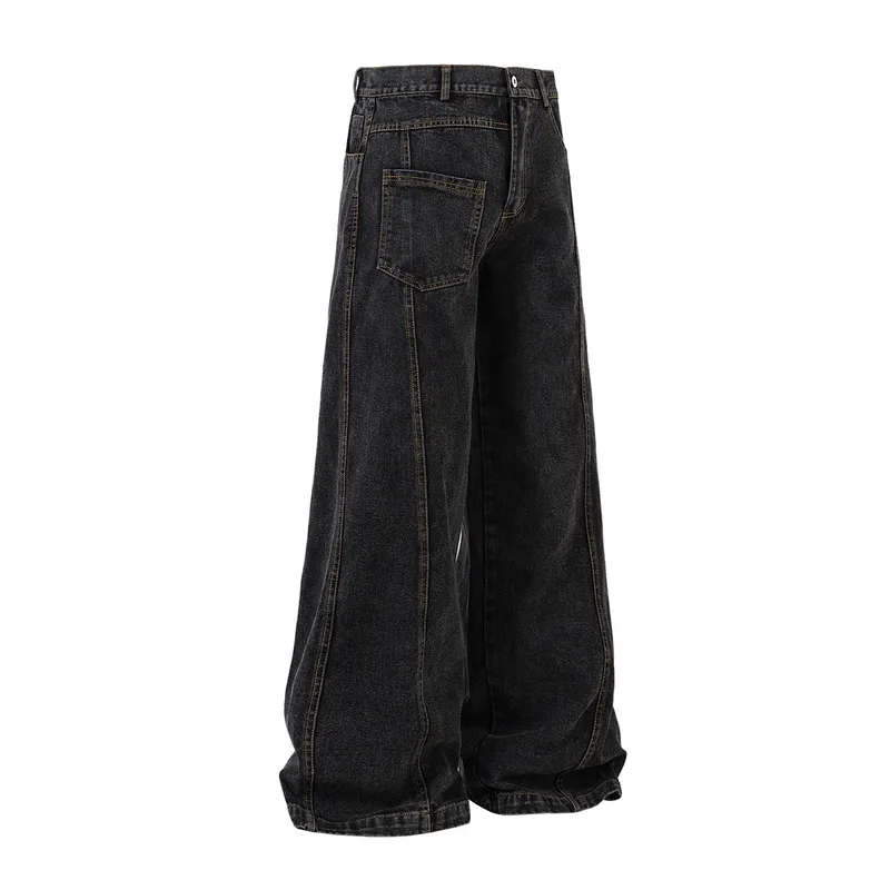 Spring  American Style Retro Shape Feeling Structure Split Washed Jeans Straight Cleanfit Pants