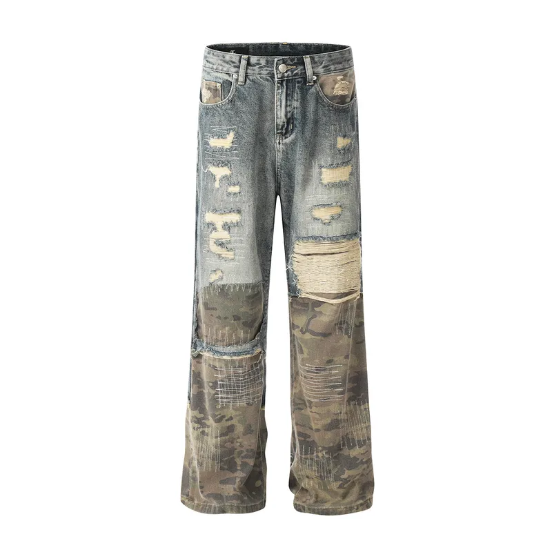 Jiayiku Tide Brand  New  High Street Vibe Camouflage Stitching Jeans Straight RO Tide Loose Pants