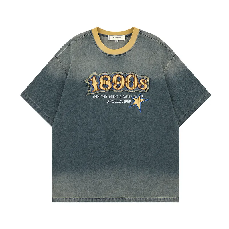 Jiayiku Men's  Summer American Retro Trendy Brand Embroidered Tee Hanging Dye Washed Denim Short-sleeved T-shirt For Men And Women