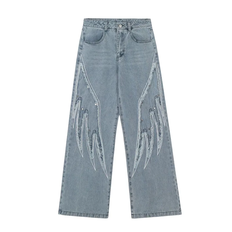 Jiayiku Tide Brand  Spring American Retro Patch Washed Jeans Straight Cleanfit Pants