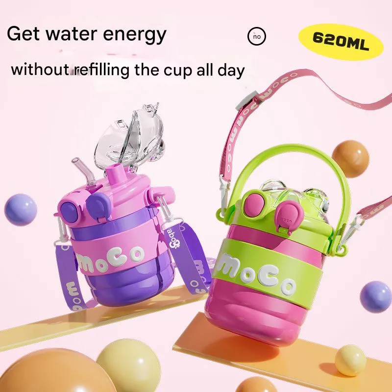 New Anti-fall Vacuum 316 Stainless Steel Children's Thermos Cup High-value Cute Straw Cup Double Drinking Portable