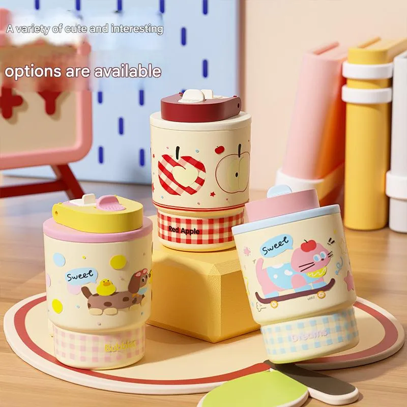 Children's Cartoon Double-Drink Thermos Cup 316 Stainless Steel Coffee Cup For Women With Good Looks And Portable Car Water Cup With Straw