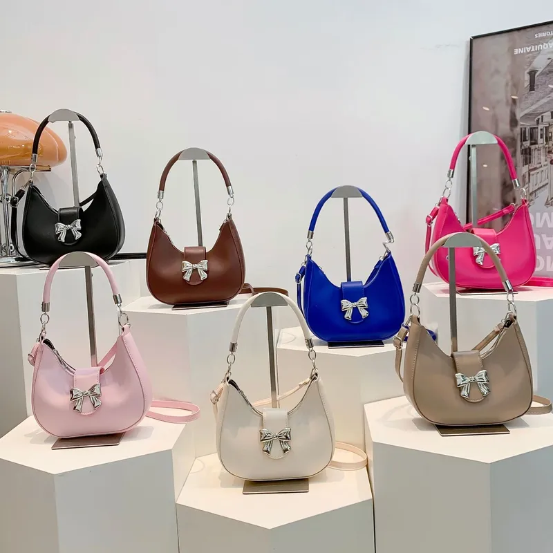 French Niche Fashion Style  New Armpit Bag Sweet Pure Color Bow Satchel Shoulder Crossbody Bag For Women