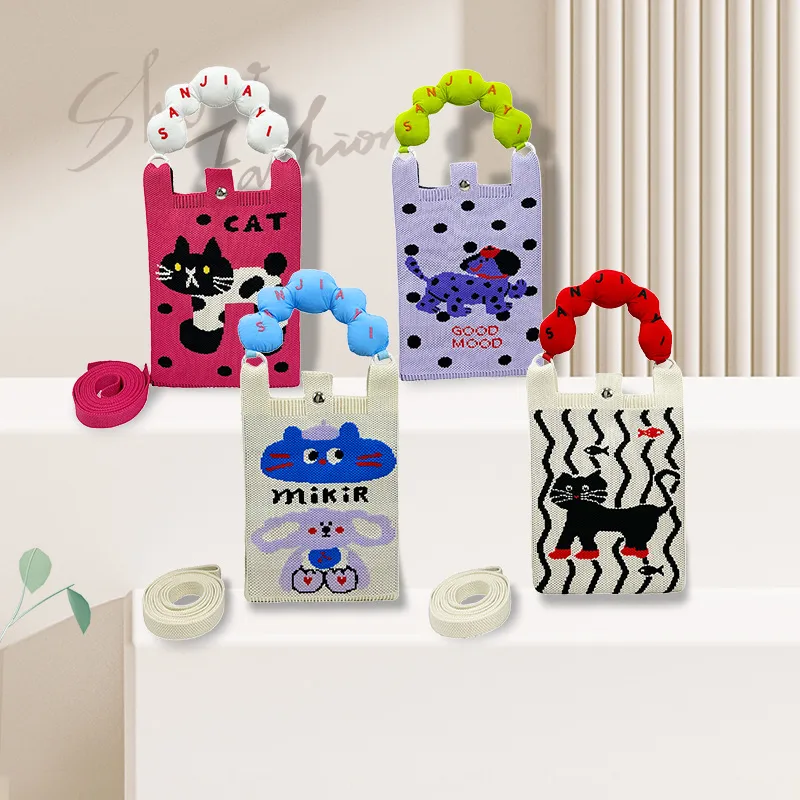 New Ins New Mobile Phone Bag Original Design Knitted Convenient Storage Cute Cartoon Fashion Shoulder Small Square Bag