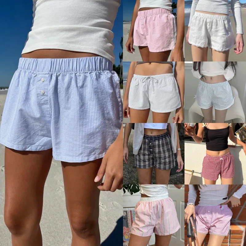 Women's Summer Striped Woven Elasto High Waist Button Loose Casual Comfortable Basic Shorts