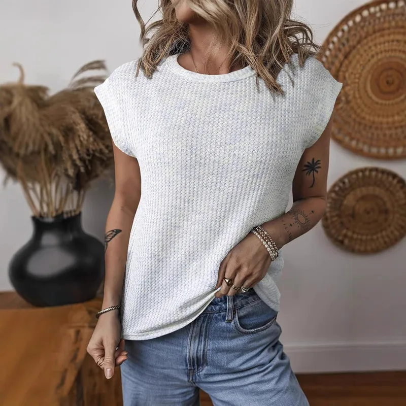 Spring And Summer Wholesale Women's New Fashion Waffle Round Neck Solid Color Loose Short Sleeve Women's Top