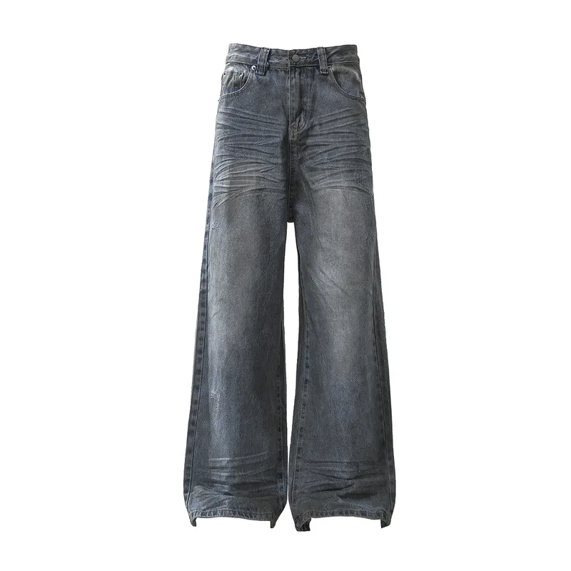 Jiayi Library Men's  New High Street American Style Micro-La Jeans Waste Soil Wind Dirty Design Sense Straight Pants