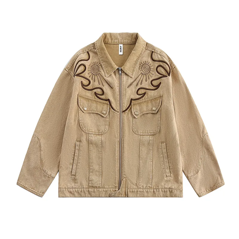 Jiayiku Tide Brand  Spring New American Retro Western Denim Wash Water Heavy Industry Embroidery Denim Jacket Coat