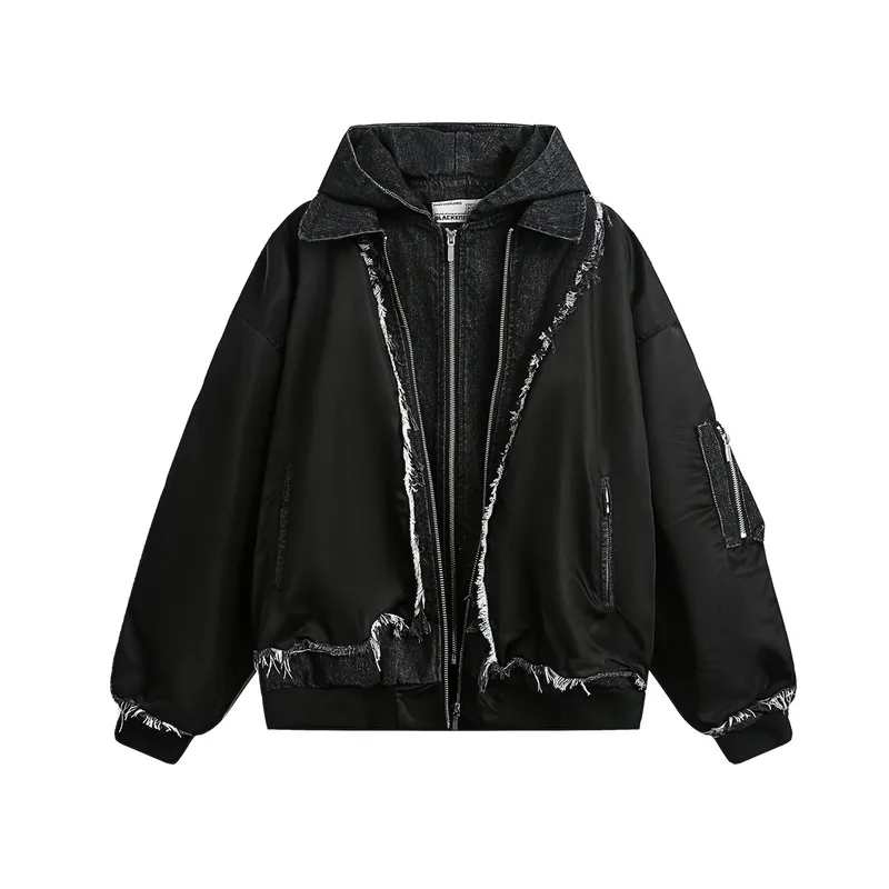 Jiayi Library Men's  Spring New American Retro Fake Two-piece Heavy Industry Rough Stitching Jacket Hooded Jacket