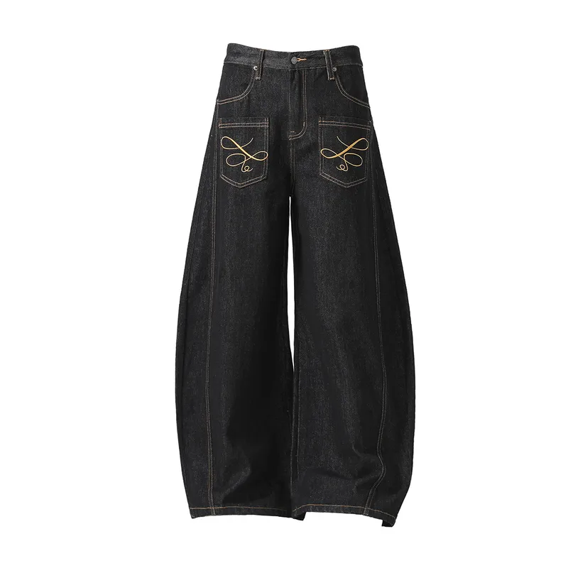 Jiayiku Men's  New American Vintage Embroidered Washed Jeans Men's And Women's Vibe Machete Wide Leg Pants