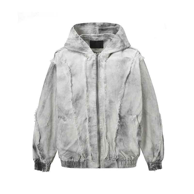 Jiayi Library Men's  Spring New Arrival Waste Earth Style American Style Retro Washed Rough Edge Stitching Hooded Jacket Coat