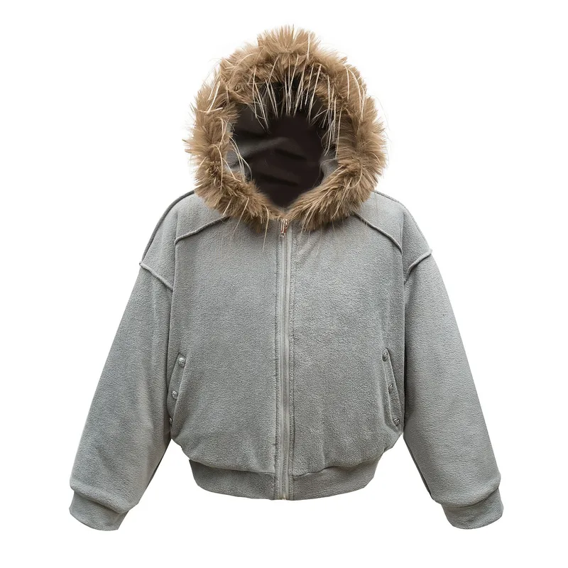 Jiayiku Tide Brand  New Winter Fur Collar Fleece-lined Cotton-padded Jacket Coat American Retro Lamb Wool Warm Cotton-padded Jacket