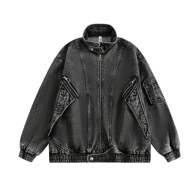 Jiayiku Men's  Spring New American Retro Smog Black Wash Water Denim Jacket Stitching Design Jacket
