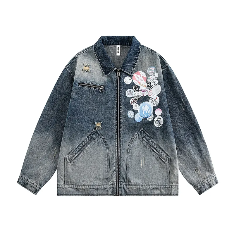 Jiayiku Tide Brand  Spring New American Retro Badge Design Gradient Wash Water Denim Jacket Coat