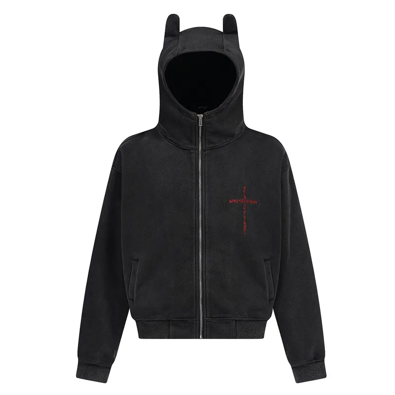 Jiayiku Men's  New American Street Hoodie Spring And Autumn Deviruchi Ear Washed Cardigan Zipper Sweater
