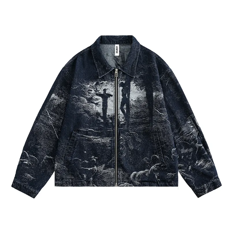 Jiayiku Tide Brand  Spring New American Retro Dark Jacquard Texture Denim Jacket Personality Coat