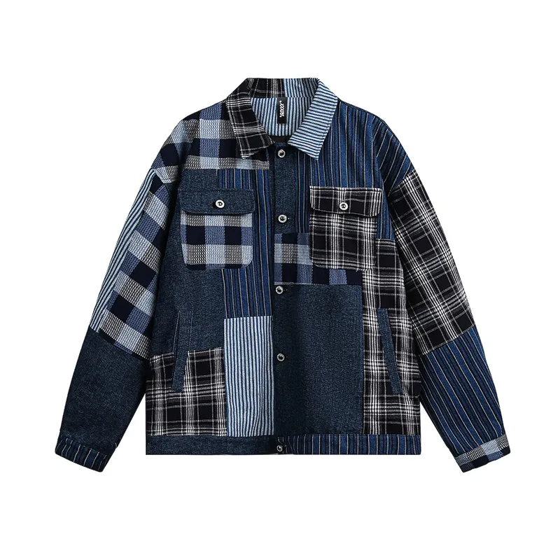 Jiayiku Tide Brand  Autumn And Winter New American Retro Contrast Color Patch Design Denim Jacket Antique Feeling Coat