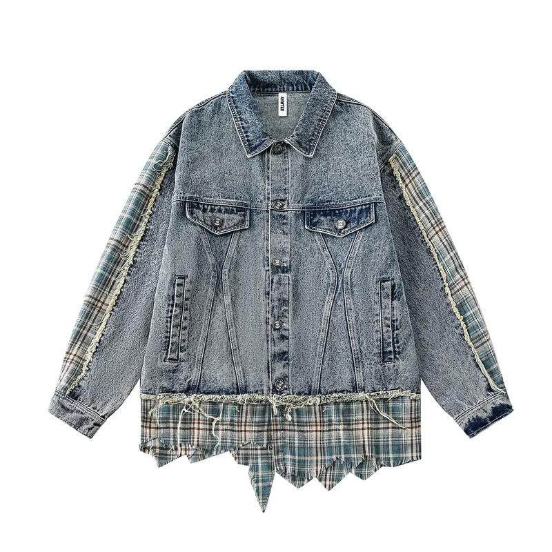 Jiayiku Men's  Spring New American Retro Stitching Plaid Wash Denim Jacket Fake Two-Piece Jacket