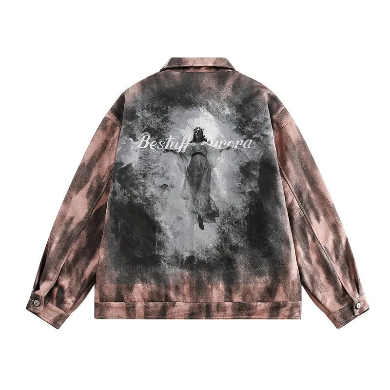 Jiayiku Men's  Spring New American Retro Diablo Graffiti Figure Suede Tooling Jacket Coat