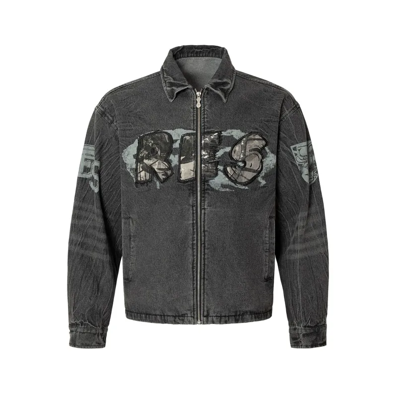 Jiayiku Men's  Spring New American Retro Camouflage Stitching Embroidered Denim Jacket Motorcycle Jacket